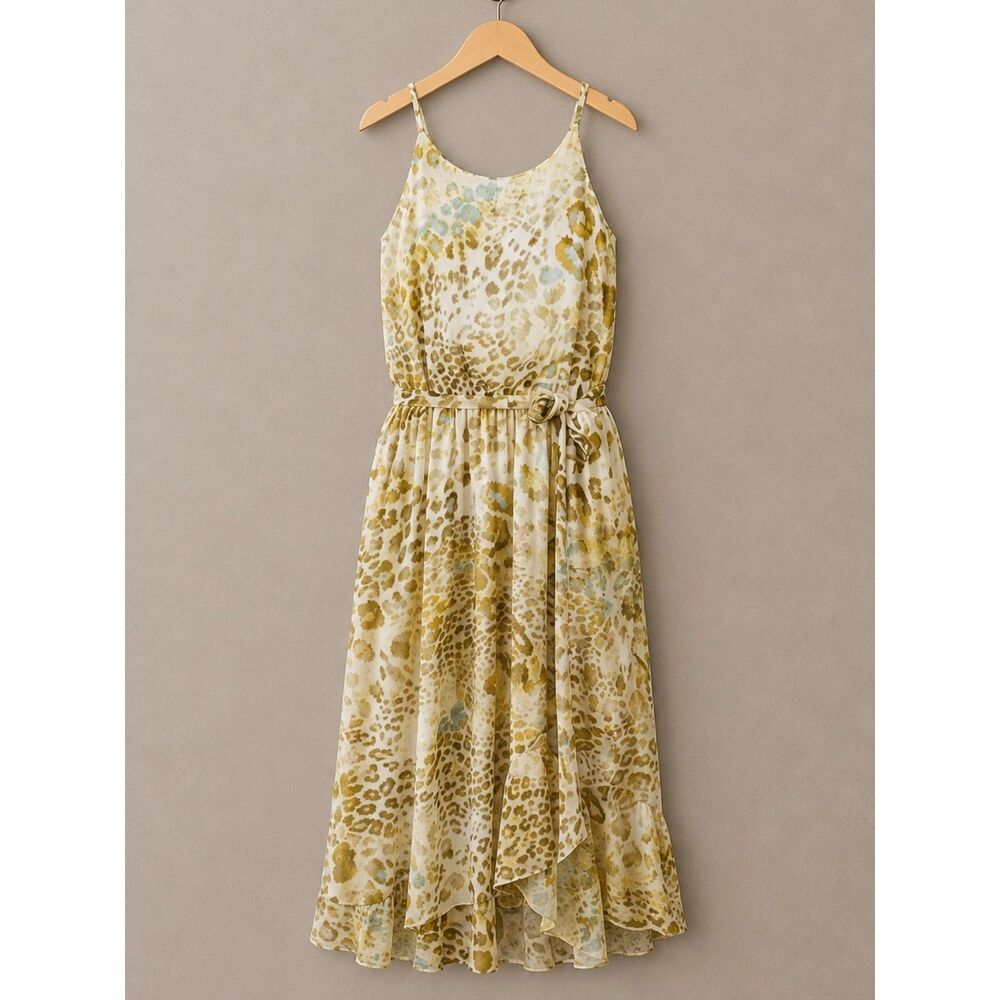 Mystree Asymmetric Hi-Low Leopard Print Dress SZ L Gold Cream Lined Belted Party